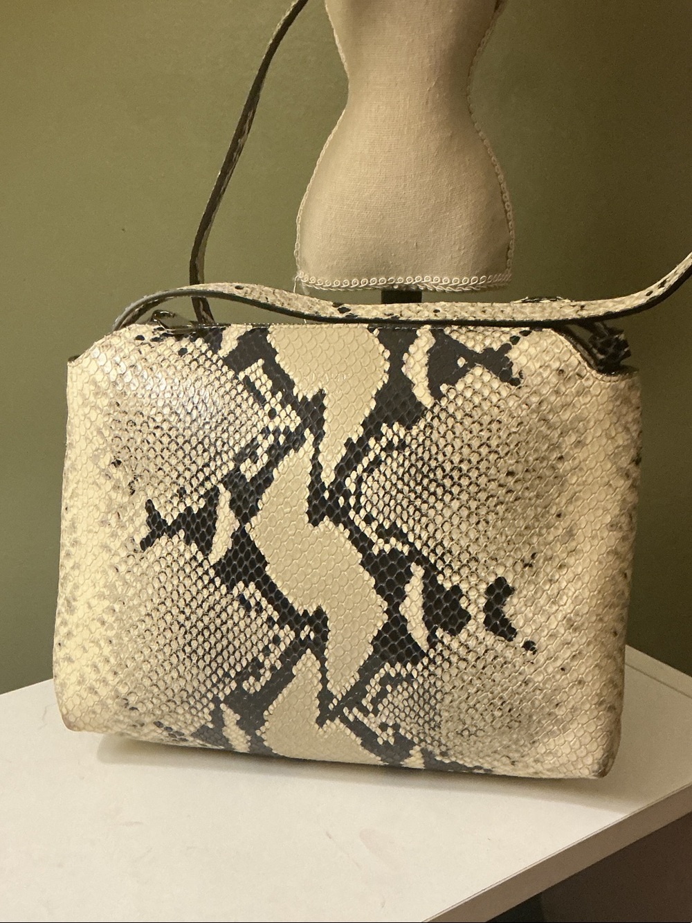 KHAITE Lina Medium Crossbody Bag Natural Python Embossed Leather Cream Black
